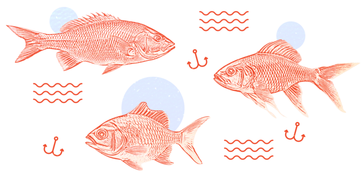 Illustration mit Fischen, Anker-Symbolen und Wellenmuster