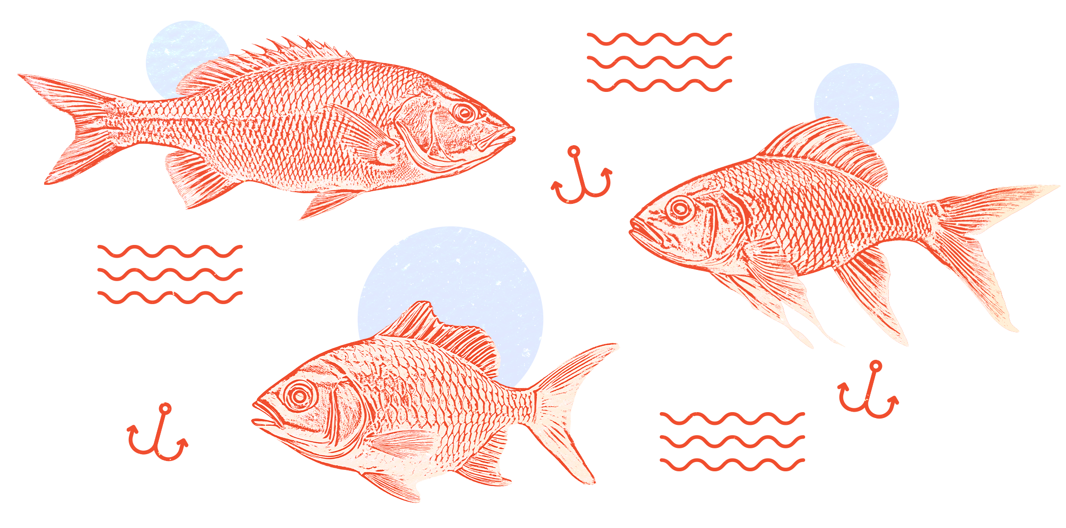 Illustration mit Fischen, Anker-Symbolen und Wellenmuster