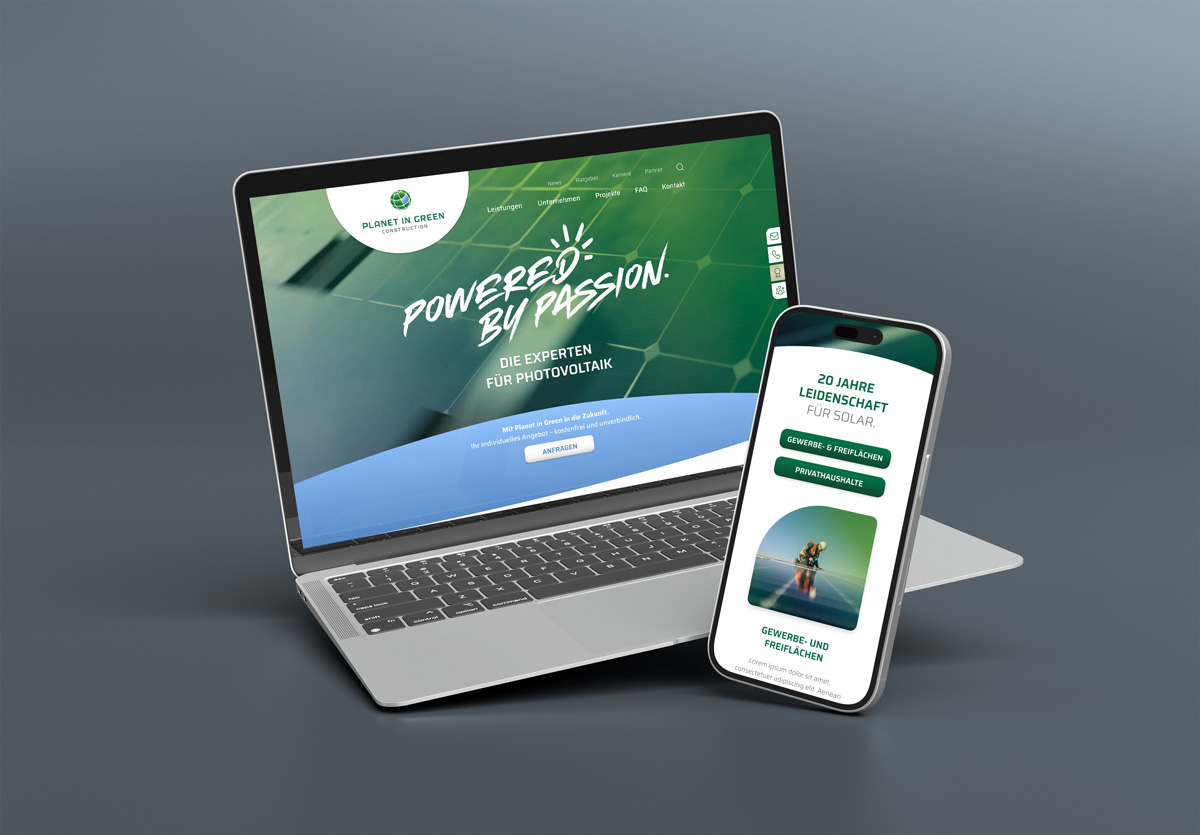 Simulation der Website von Planet In Green auf einem Notebook und einem Smartphone