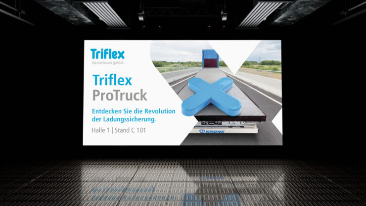 LED-Display mit Triflex-Motiv in einer dunklen Umgebung