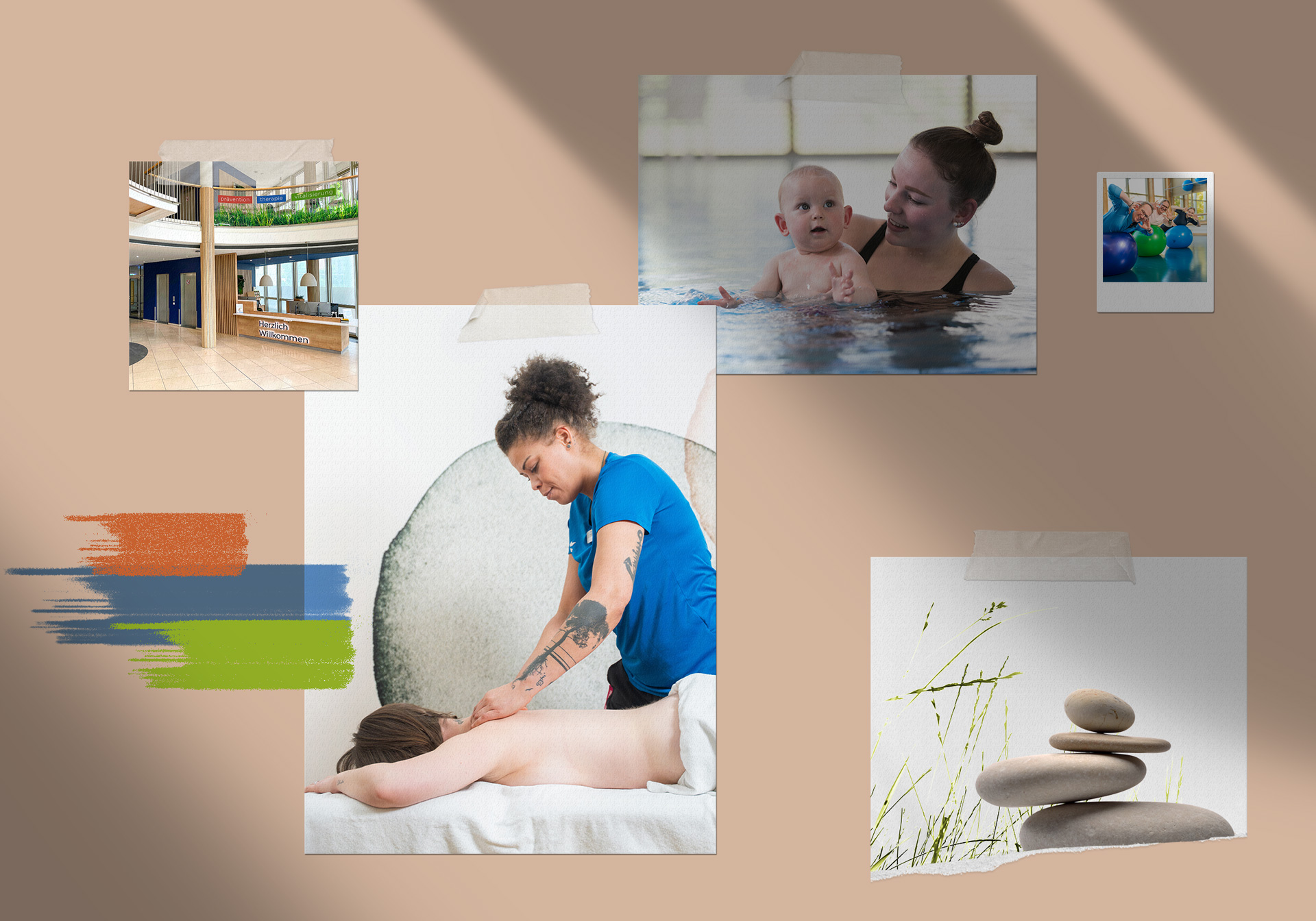 Ein Moodboard mit verschiedenen Fotos und Farben für das Gesundwerk Bad Salzuflen