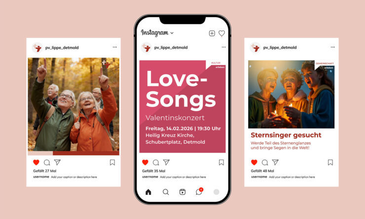 Simulation von drei Instagram-Beiträgen mit einem Smartphone in der Mitte